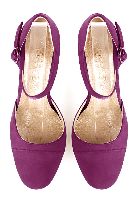 Mulberry purple women's open side shoes, with an instep strap. Round toe. High block heels. Top view - Florence KOOIJMAN
